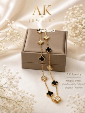 💎NECKLACE LUXURY 18k 10 Clover Necklace Black Onyx & Pavé Crystal Gold